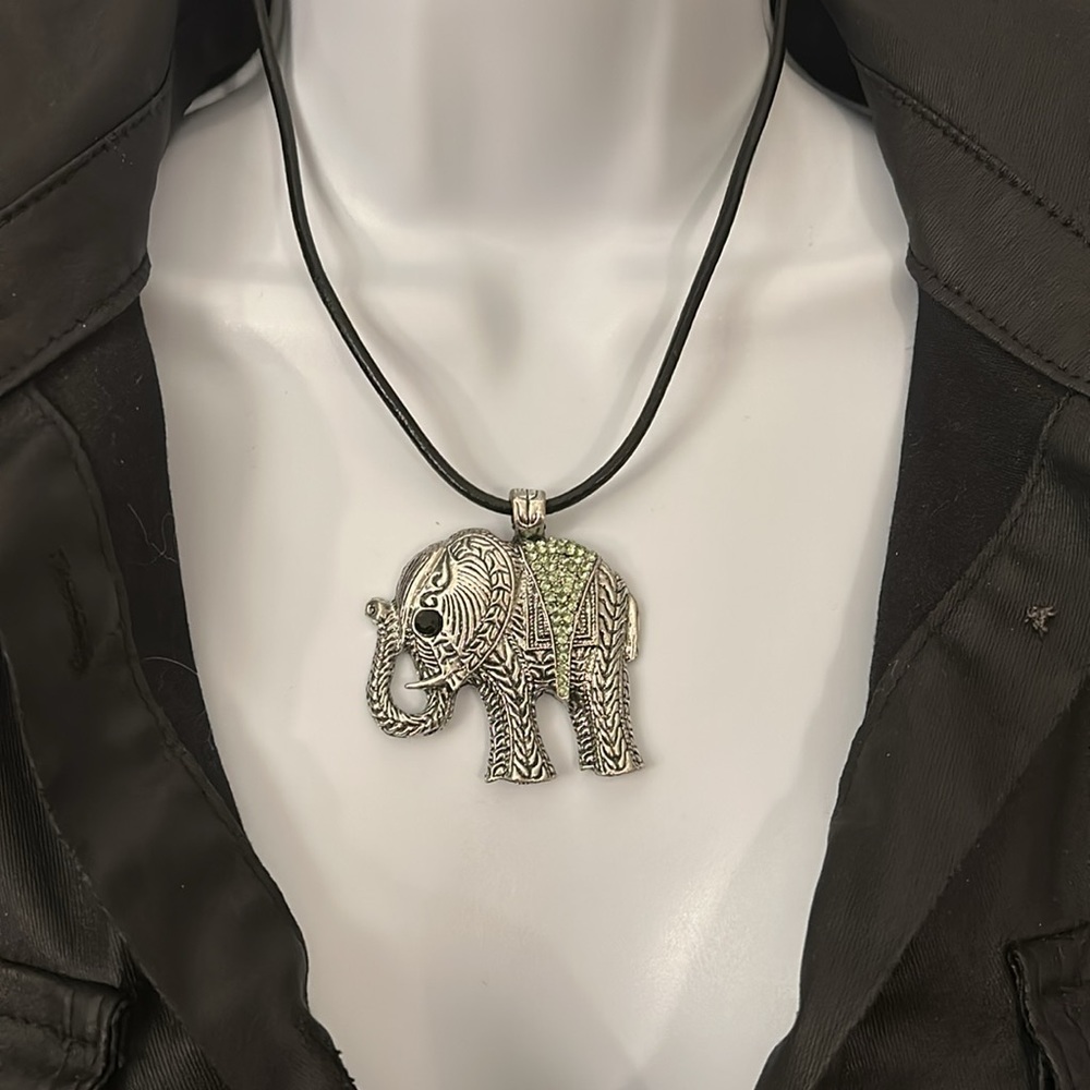 Elephant pendant black leather necklace brass crystals